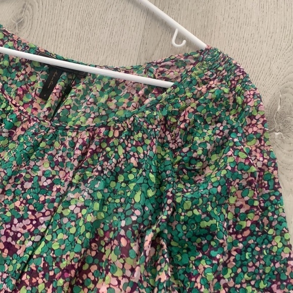 BCBGMAXAZRIA size S dotted mini dress 100%‎ silk green purple layers tunic - Picture 9 of 15